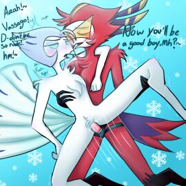 2boys andrealphus_(helluva_boss) avian bird blue_background blush cloaca cloaca_juice cloacal_penetration closed_eyes cuntboy dildo_in_cloaca drooling gay gay_sex glasses harness helluva_boss intersex male male/male parrot peacock pussy red_body sex shaking smile tears vassago_(helluva_boss) white_body