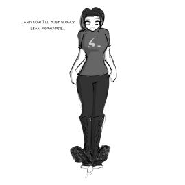 1boy 1girls black_and_white boot_fetish bootjob boots celera_prime cum cumshot dominant_female dominatrix english english_text female femdom femdom_caption foot_fetish footjob footwear goth goth_girl laced_boots male monochrome original original_character original_characters pants shoe_fetish shoejob shoes submissive_male t-shirt