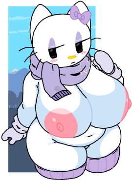 big_breasts breasts cassettedream cold dream-cassette female hello_kitty hello_kitty_(series) hoshime kitty_white mittens sanrio scarf snow