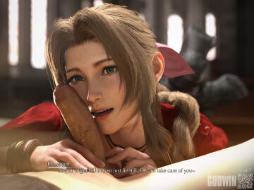 1boy 1girls 3d aerith_gainsborough balls blowjob braided_hair brown_hair caption caressing_balls clothed cock comic cute cute_face dialogue dick feet_up female female_focus final_fantasy final_fantasy_vii final_fantasy_vii_remake foreskin godwin green_eyes holding_penis light-skinned_female light-skinned_male light_skin long_hair looking_at_another male neroxliv no_pants penis penis_on_face ponytail subtitled tagme trimmed_pubic_hair twintails uncircumcised veiny_penis