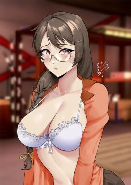 alternate_version_available bakemonogatari blurry_background bra braid breasts brown_hair cleavage collarbone damobelmont damodar female glass hanekawa_tsubasa highres huge_breasts large_breasts long_hair monogatari_(series) open_clothes open_shirt pink_eyes pink_shirt shirt solo underwear