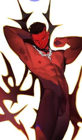 1boy abs absurdres armpit_hair armpits bara earrings fabulous facial_hair feet_out_of_frame flaccid goatee highres jewelry large_pectorals legs_together looking_at_viewer male male_focus mature_male muscular muscular_male navel navel_hair necklace_between_pecs nipples one_eye_closed original pectorals penis red_theme ryushin_20000 short_hair solo standing stomach thick_eyebrows thighs uncensored undercut unfinished v-taper yaoi