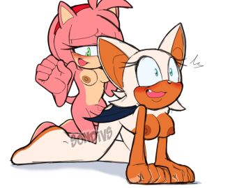 1futa 1girls all_fours amy_rose anthro balls bent_over big_breasts blush breasts brown_nipples feet female flushed_face furry futa_on_female futanari hairband intersex kneeling missionary_position naked nude penis pleasure_face rouge_the_bat somedivs sonic_(series) suprise_sex trans_woman transfem wings