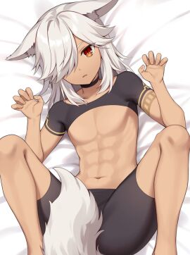 1boy animal_ears arm_tattoo bishounen black_shirt black_shorts cyno_(genshin_impact) dark-skinned_male dark_skin fox_ears genshin_impact grey_hair hair_between_eyes hair_over_one_eye highres iroiro_0w0 long_hair lying male male_focus male_only midriff muscular muscular_male navel orange_eyes shirt shorts solo stomach tattoo white_hair