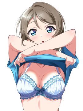1girls blue_eyes borgbutler bra breasts brown_hair female grey_hair lace lace-trimmed_bra love_live! love_live!_sunshine!! short_hair solo t-shirt underwear undressing watanabe_you