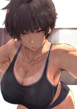 1girls absurd_res alpha-type breasts brown_hair cleavage dark_skin female fit fit_female from_above gym_clothes highres huge_breasts original safe sfw short_hair solo solo_female sweat sweatdrop sweating sweaty tan_lines thighs tomboy very_short_hair