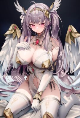 angel angel_wings blush breasts cleavage female gloves highres large_breasts long_hair navel original panties purple_hair red_eyes sitting solo thighhighs white_wings wings zerocat