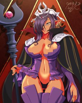 1girls 2025 absurd_res black_hair cape cleavage crown dark-skinned_female dark_elf dark_skin earrings elf elf_ears elf_female female female_only hair_over_one_eye kuroinu_~kedakaki_seijo_wa_hakudaku_ni_somaru~ legendsnjk looking_at_viewer olga_discordia skimpy skimpy_clothes solo solo_female staff yellow_eyes