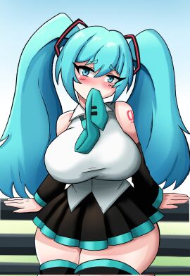 1girls big_breasts big_titties breasts chubby_female curvaceous curvaceous_female curvaceous_figure curvy curvy_figure curvy_hips cyan_hair female female_only hatsune_miku hatzuhatzu solo solo_female thigh_highs twintails vocaloid