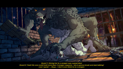 4_toes 5_fingers ambiguous_penetration anthro anthro_on_anthro anthro_penetrated anthro_penetrating anthro_penetrating_anthro black_bars black_nose blizzard_entertainment bodily_fluids bound canid canis caption chained chains cuff_(restraint) cum cum_covered cum_inside dialogue dominant dominant_male dungeon duo falcrus fangs feet female female_penetrated fingers fur genital_fluids grey_body grey_fur hair hi_res hindpaw humanoid_hands letterbox lexi_joyhart male male/female male_penetrating male_penetrating_female mammal messy mythological_canine mythological_creature mythology nude nude_anthro nude_female nude_male paws penetration penile penile_penetration penis pinned pinned_to_ground prison_cell restraints rough_sex sex shackles submissive submissive_male tail tally_marks teeth toes tongue tongue_out warcraft werecanid werecanine werecreature werewolf white_body white_fur white_hair wolf worgen worgen_with_tail world_of_warcraft