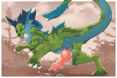 anus black_sclera blue_body blue_fur claws dragon erection feral fur furred_dragon furred_scalie genitals glaredendriago green_body green_fur hi_res knot male mythological_creature mythological_scalie mythology penis pink_anus pink_knot pink_penis red_eyes rokzza scalie solo white_claws