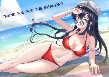 1girls alternate_costume ayra_(fire_emblem) beach beach_towel bikini black_hair breasts cleavage commission earrings female female_only fire_emblem fire_emblem:_genealogy_of_the_holy_war glasses grey_eyes groin hand_on_own_head hat jewelry large_breasts long_hair lying navel nintendo ocean on_side open_mouth red_bikini red_nails red_swimsuit skeb_commission swimsuit tarutaru193 thank_you towel
