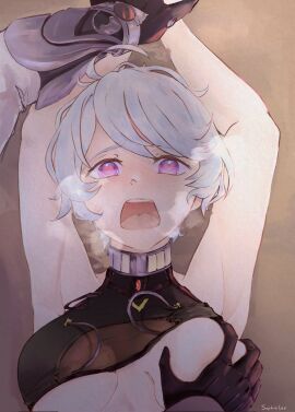 1boy 1girls ahoge aroused blush breasts female groping groping_breasts heart_eyes male sophielee tian_lang_(tower_of_fantasy) tower_of_fantasy wanderer_(tower_of_fantasy) white_hair