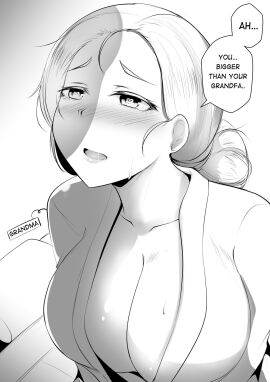 1girls big_breasts blush_lines blushing breasts cleavage english_text engrish engrish_text female gilf grandmother grandmother_and_grandson grandson granny greyscale hair_bun heart heart-shaped_pupils hi_res imminent_incest imminent_sex incest looking_at_penis looking_up male mature_female meow7tail monochrome old older_female original original_character penis penis_shadow ponytail ranguage saliva solo sweat symbol-shaped_pupils upper_body