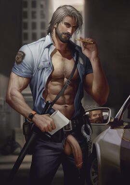 aenaluck audec_(aenaluck) cock_out daddy exhibitionism large_penis male male_focus male_only master_(aenaluck) muscular muscular_male original penis penis_envy police_uniform
