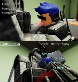 2boys 3d artist_name blush blushing_male compulsivesb deepthroat dialogue gay hand_behind_head holding_penis kneeling licking licking_penis male male_only military military_clothing military_helmet military_uniform on_knee on_knees penis roblox roblox_avatar robloxian self_upload tagme talking x-ray