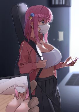 1boy bandeau black_skirt blue_eyes bocchi_the_rock! breasts cellphone cellphone_photo cleavage covering_face cube_hair_ornament earphones female gotou_hitori guitar_case hair_ornament halterneck highres holding holding_phone instrument_case instrument_on_back jacket large_breasts long_hair male mask midriff mouth_mask muffin_top navel one_side_up paid_reward_available phone pink_hair pink_jacket pleated_skirt skindentation skirt smartphone solo_focus track_jacket tubetop white_mask yzr_(yzr99)