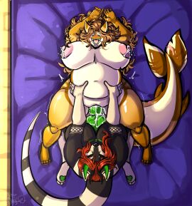 absurd_res animal_genitalia animal_penis anthro big_breasts blush bodily_fluids breasts canid canine canine_genitalia canine_penis commanderthings cum cum_inside curvy_figure duckyawesome_(character) duo female fish futanari genital_fluids genitals hi_res horn intersex intersex/female knot lactating lactating_nipples lactation mammal marine milk muscular nipples nude open_mouth penis piercing sex shark sharp_teeth slightly_chubby teeth vinette_starwind voluptuous