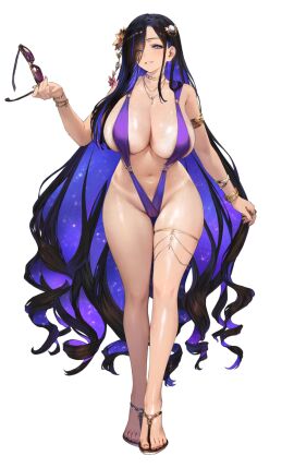 absurdly_long_hair alternate_costume anklet armlet artist_request bangle bare_shoulders black_background black_hair blue_eyes blue_hair blush bracelet breasts brown_dust_2 cg choker cleavage collarbone colored_inner_hair cup drinking_glass earrings eclipse_(brown_dust_2) feet female full_body groin hair_flower hair_ornament hair_over_one_eye high_heels holding huge_breasts jewelry large_breasts legs long_hair looking_at_viewer mole multicolored_hair nail_polish navel necklace o-ring official_art one-piece_swimsuit parted_lips purple_nails revealing_clothes ring sandals shiny_skin slingshot_swimsuit smile solo standing swimsuit tan thigh_strap thighlet thighs toenail_polish toenails toes transparent_background tray two-tone_hair very_long_hair white_background