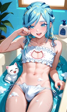 1boy ai_generated bath bathing bathroom bathtub blowing blowing_bubbles blue_eyes bra bubble_bath bubbles bulge cat_cutout feline femboy friends grusha_(pokemon) happy kitten kitten_play lingerie male nail_polish nails_painted otoko_no_ko panties pet pet_kitten playing playing_in_bathtub playing_with_bubbles pokemon thighs water