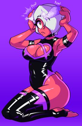 absurd_res arm_strap armpits ass belly_button belly_button_visible_through_clothing bonk150 boob_window breasts choker cleavage cleavage_cutout cleavage_window demon demon_girl demon_horns demon_tail eyebrows eyebrows_visible_through_hair female gold_eyes hair_over_one_eye hands_on_head heart-shaped_boob_window heart_shaped_boob_window highres horns kneeling latex latex_armwear latex_choker latex_clothing latex_collar latex_legwear latex_leotard latex_suit latex_thighhighs looking_at_viewer magic mascara nightie_(bonk150) on_knees onomatopoeia pink_body pink_skin pink_skinned_female pointy_ears pointy_fingers purple_background purple_trim red_body red_skin shiny_body short_hair short_tail silver_eyebrows silver_hair stirrup_legwear stirrups tail thick_thighs thighs toes white_eyebrows white_hair yellow_horns