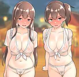 2girls absurd_res absurdres akagi_(kantai_collection) areolae bare_arms bare_belly bare_chest bare_hands bare_hips bare_midriff bare_navel bare_shoulders bare_skin bare_thighs belly belly_button blurred_background blurry_background blush blush_lines blushing_at_viewer blushing_female breasts brown-eyed_female brown-haired_female brown_eyebrows brown_eyes brown_hair busty cleavage cleft_of_venus collarbone curvy curvy_body curvy_female curvy_figure curvy_hips curvy_thighs dot_nose embarrassed embarrassed_female embarrassed_naked_female embarrassed_nude_female enf eyebrows_visible_through_hair female female_focus female_only functionally_nude functionally_nude_female furaggu_(frag_0416) groin half_naked high_resolution highres hourglass_figure kaga_(kantai_collection) kantai_collection large_breasts legs light-skinned_female light_skin long_hair looking_at_viewer medium_breasts multiple_females multiple_girls naked naked_female navel nipple_bulge nipples nude nude_female open_mouth panties parted_bangs ponytail pubic_hair public public_nudity pussy short_hair shoulders side_ponytail sitting slender_body slender_waist slim_female slim_waist smile smiling smiling_at_viewer thick_thighs thighs thin_waist tongue topwear translucent translucent_clothing uncensored uncensored_breasts uncensored_nipples uncensored_pussy uncensored_vagina underwear upper_body v-line white_panties white_topwear white_underwear wide_hips