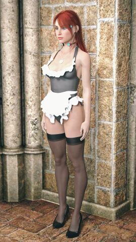 1girls 3d female high_heels lingerie maid maid_apron one-piece_lingerie original red_hair thighhighs ultimate-clash