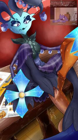 1boy 1girls 2_toes 2d 4lmondram anthro_on_anthro artist_name balls big_blue_bubble big_penis clothing dawn_of_fire denny's edamimi female food food_play foot_fetish footjob goth goth_girl human humanoid humanoid_on_human male maple_syrup maple_syrup_footjob maple_syrup_on_feet meme monster monster_girl my_singing_monsters non-human_only on_table penis rare_edamimi restaurant shitpost sitting sparkles testicles watermark