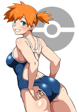 adjusting_clothes adjusting_swimsuit aqua_eyes ass asymmetrical_hair back bare_arms bare_shoulders blue_eyes blue_one-piece_swimsuit blush breasts competition_swimsuit creatures_(company) female female_focus from_behind game_freak grin gym_leader highres huge_ass human jpeg kasumi_(pokemon) large_breasts looking_at_viewer looking_back mantan medium_breasts nintendo one-piece_swimsuit orange_hair pokemon pokemon_(anime) pokemon_(classic_anime) pokemon_frlg pokemon_rgby ponytail shiny_skin short_hair side_ponytail sideboob smile solo standing sweat swimsuit teeth thick_thighs thighs tomboy