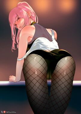 1girls ass ass_focus back_view blush female hololive hololive_english hololive_myth looking_at_viewer looking_back mori_calliope pink_hair ponytail red_eyes solo tetsuniku virtual_youtuber