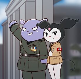 absurd_res adolf_hitler anthro baku_(sanrio) benito_mussolini blush bone bottomless bottomless_female clothed clothing duo e254e evil_grin fascism female gesture grin hi_res hoodie kuromi lagomorph leporid male mammal medal military_uniform nazi onegai_my_melody parody pear-shaped_figure pink_nose rabbit salute sanrio skull smile smirk swastika tapir topwear uniform wide_hips
