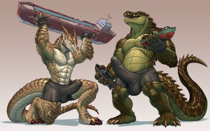 abs anthro balls balls_outline biceps big_tail boxer_briefs brutus_(pyronite) bulge carnak_(carpo) claws clothing crocodile crocodilian crush destroyed_vehicle destruction detailed_bulge dragon duo erection erection_under_clothing feet finger_claws fingerless_gloves genital_outline gloves green_body handwear hi_res macro male male/male muscular muscular_anthro muscular_male mythological_creature mythological_scalie mythology open_mouth paws pecs penis penis_outline pyronite_(commissioner) reptile rollwulf scalie ship simple_background tail teeth thick_thighs toe_claws toes underwear vehicle watercraft