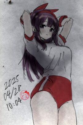 1girls arms_behind_head artist_name big_breasts breasts buruma busty dated female female_only gloves highres king_of_fighters large_breasts legs long_hair looking_at_viewer nakoruru pink_lips pose posing purple_eyes purple_hair samurai_shodown seductive seductive_look sensual shirt snk solo sports_uniform sportswear thighs traditional_media very_long_hair voluptuous