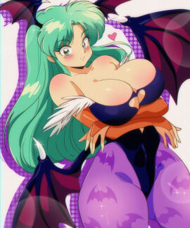 1girls 2024 arms_under_breasts armwear bat_print big_breasts blush breasts capcom cleavage darkstalkers demon female female_only green_eyes green_hair head_wings heart large_breasts leotard long_hair looking_at_viewer morrigan_aensland pantyhose purple_pantyhose retro_artstyle smiling smiling_at_viewer solo succubus succubus_wings very_high_resolution vizaz wide_hips wings