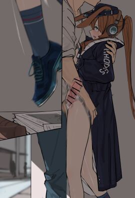 1boy 1girls ? alternate_version_available amiya_(arknights) animal_ears arknights big_dom_small_sub black_jacket blue_eyes brown_hair bunny_ears bunny_girl clothed_sex crying crying_with_eyes_open dangling_legs dead_eyes dripping_cum empty_eyes female from_front_position fully_clothed headphones held_up holding implied_sex larger_male lifted looking_up m-18 male newspaper offscreen_sex open_mouth panties postal_carrier rolling_eyes sex smaller_female standing_sex stealth_sex tears white_panties x-ray