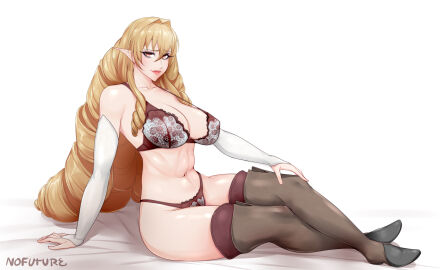 2021 abs artist_name blonde_hair boots breasts bridal_gauntlets crossed_legs elf elf_ears elf_female elinalise_dragonroad female female_only highres large_breasts lingerie long_hair looking_at_viewer mushoku_tensei navel nofuture orange_eyes pointy_ears sitting smiling smiling_at_viewer solo stockings thick_thighs thigh_boots thighhighs thighs underwear very_long_hair white_background