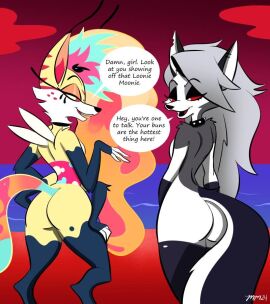 2d 2girls 49ersrule07 anthro arthropod ass beach bee black_eyeshadow breasts canid canid_demon canine canis collar compliment demon dialogue digital_media duo ear_piercing ear_ring eyeshadow female female/female female_only fox furry half-closed_eyes hellhound helluva_boss hybrid hymenopteran insects looking_at_another loona_(helluva_boss) mammal mythological_canine mythological_creature mythology nude nude_female piercing queen_bee-lzebub_(helluva_boss) rear_view red_sand red_sclera red_sky ring_piercing sky small_breasts speech_bubble spiked_collar spikes talking_to_another wolf