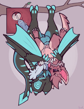 animal_genitalia anthro balls bat blue_balls blue_membrane blue_penis blue_tongue bodily_fluids brown_body brown_fur cervical_contact claws cum cum_in_pussy cum_inside duo erection female fur genital_fluids genitals hi_res male male/female mammal membrane_(anatomy) membranous_wings penis pink_tongue pussy sheath tongue upside-down white_claws wings yurusa