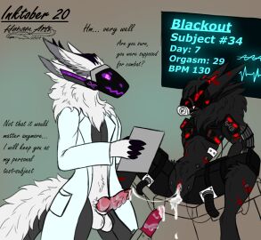 after_sex anthro bad_end bad_ending biogentic_(protogen) bodily_fluids bondage claws clothing coat cum cum_in_pussy cum_inside dildo duo erect_penis female forced_orgasm gag genital_fluids genitals horn hunamarts kinktober_2024 labcoat laboratory machine mad_scientist male male/female mute orgasm orgasm_counter penis protogen protogen_armor protogen_visor pussy rape_play science scientific_experiment sex_toy strapped test_subject text topwear toy