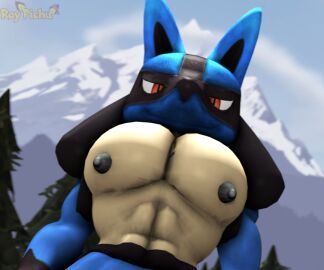 1boy abs black_body black_fur black_hair black_skin blue_body blue_fur blue_skin commission commissioner_upload dr.ivopingasnik furry furry_only looking_at_viewer looking_down lucario male male_only muscular muscular_male nipples nipples_exposed nipples_out pec_pov_meme pecs pectorals pokemon pokemon_(species) pokémon_(species) sfm source_filmmaker worm's-eye_view
