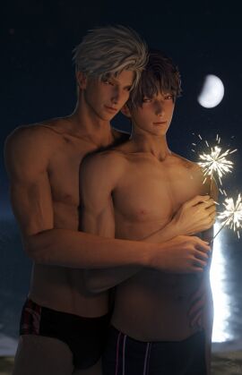 2boys 3d 3d_(artwork) bulge gay hip_grab hugging_from_behind love_and_deep_space male male/male male_only muscular muscular_arms partially_clothed purple_hair rafayel_(love_and_deep_space) shorts silver_hair speedo sylus_(love_and_deep_space) topless visible_nipples yaoi