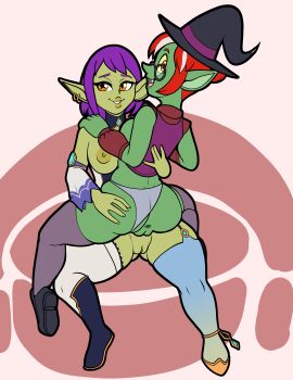 anus breasts brown_eyes clothed clothing clothing_aside eyewear female female/female fours_(artist) genitals glasses goblin goblin_female green_body hat headgear headwear hi_res holding_partner hug humanoid humnaoid legwear looking_back nipples on_lap panties panties_aside pussy sitting_on_lap thigh_highs underwear underwear_aside witch_hat yellow_eyes yellow_sclera