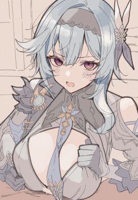 1boy absurdres asymmetrical_sidelocks bar_censor bare_shoulders black_hairband blue_gloves blue_hair blue_necktie breasts censored cleavage_cutout clothed_female_nude_male clothing_cutout eula_(genshin_impact) female genshin_impact gloves hair_between_eyes hair_ornament hairband highres large_breasts looking_at_viewer male necktie nude paizuri paizuri_under_clothes pov pov_crotch short_hair shoulder_cutout sketch_background straight suujiniku v-shaped_eyebrows