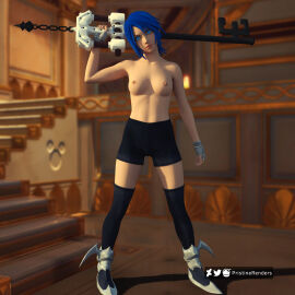1girls 3d aqua_(kingdom_hearts) blue_hair breasts disney female kingdom_hearts nipples pristinerenders solo square_enix