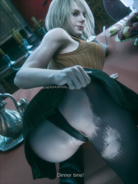 3d ashley_graham ashley_graham_(ella_freya) ass blonde_hair breasts bubble_ass bubble_butt busty capcom dialogue female female_focus female_only hourglass_figure miniskirt nerohunter6 pantyhose rear_view resident_evil resident_evil_4 resident_evil_4_remake ripped_pantyhose skirt skirt_lift tagme text thong torn_pantyhose upskirt wide_hips