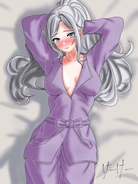 big_breasts blush breasts d4dj female keekee_(kk_d4ni) niijima_ibuki on_back on_bed robe watermark