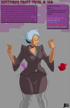 before_transformation caption choker corruption female femsub glasses hypnotic_food lurkergg original pre-transformation tail tail_growth teacher text thighhighs transformation white_hair yellow_eyes