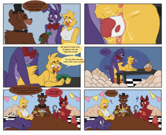 anthro anus ass back_view bear bent_over_table bonnie_(fnaf) bonniexchica bowtie breasts brown_body bunny bunny_ears chica_(fnaf) chicken comic cum cum_in_pussy duo duo_focus easter easter_egg eggs ejaculation eyepatch female five_nights_at_freddy's fox_ears foxy_(fnaf) freddy_(fnaf) from_behind fur furry genital_fluids genitals hips male male/female mandyfoxy nipples nude nude_female nude_male penis penis_in_pussy purple_body pussy red_body sex tail thrusting thrusting_into_pussy vagina vaginal_penetration vaginal_sex yellow_body