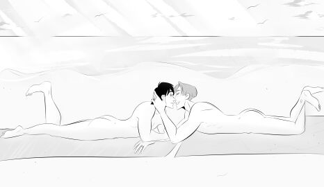 2boys ass beach beach_towel dragon_ball dragon_ball_z gay gay_couple gay_kissing honeymoon husband_and_husband imminent_kiss laying_on_stomach male married_couple no_visible_genitalia noribeans nude nude_beach nude_male ocean romantic romantic_ambiance romantic_couple sea seagull seagulls seaside skinny smiling son_goten trunks_briefs wedding_ring yaoi