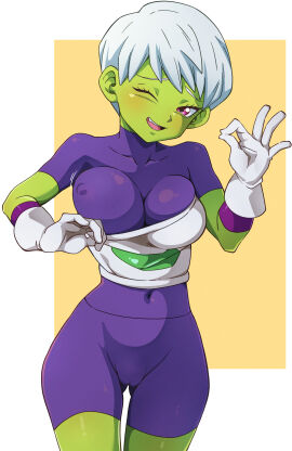 1girls animanghayodraw breasts cheelai dragon_ball dragon_ball_super female female_focus green_skin nipples_visible_through_clothing one_eye_closed white_hair